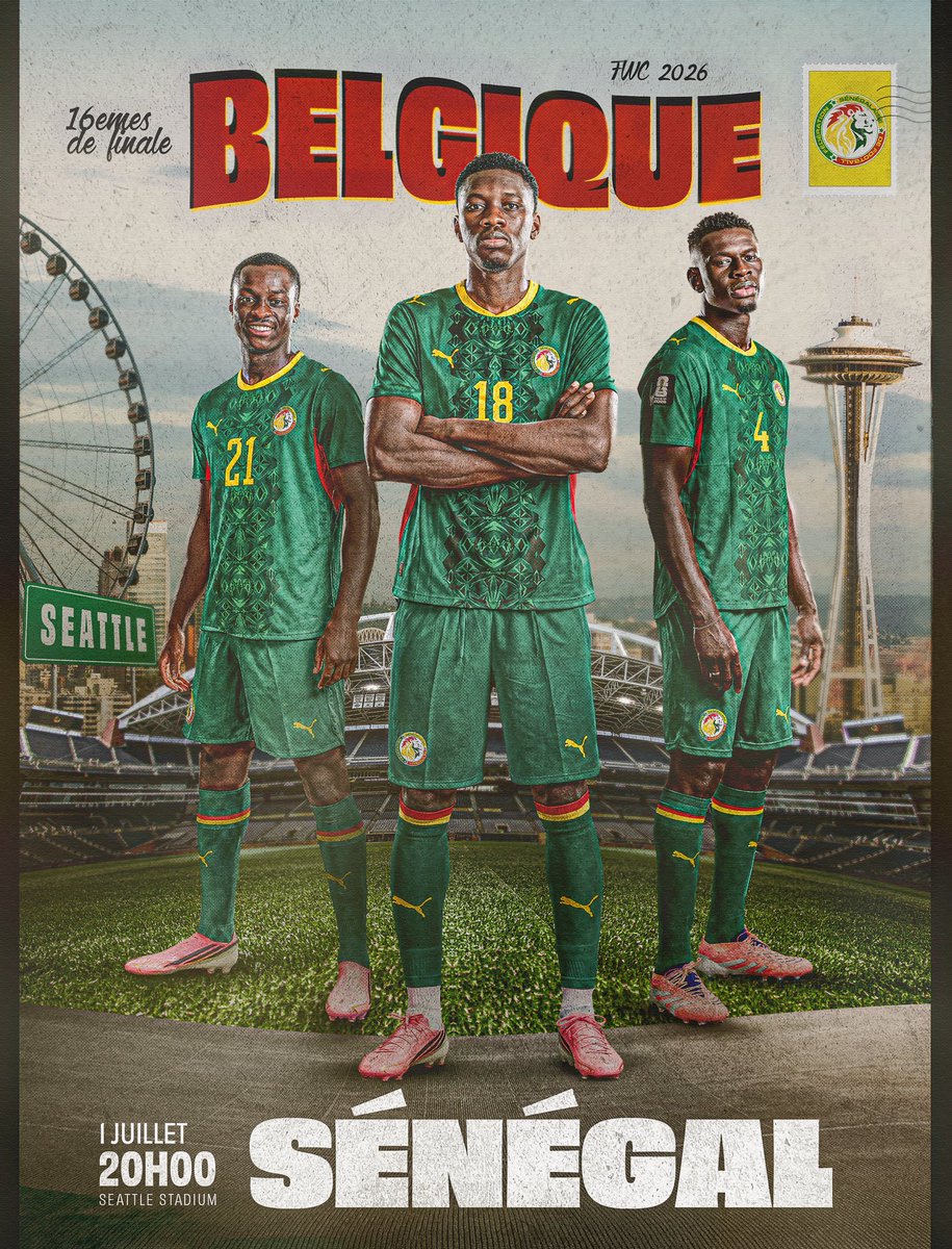 GaindeYi's tweet photo. 𝙅𝙊𝙐𝙍 𝘿𝙀 𝙈𝘼𝙏𝘾𝙃 | Le Sénégal affronte la Belgique ce soir en seizièmes de finale de la Coupe du Monde 2026 au Lumen Field, à Seattle. Coup d’envoi à 20h00 GMT.

#GoGainde | #BELSEN | #FIFAWC2026 https://t.co/Kl73y18krB