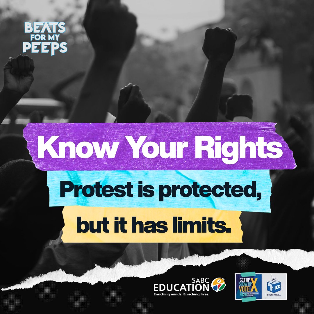 SABCEducation's tweet photo. Where does the right to protest end? @Bekisisa_B unpacks freedom of assembly this week. Protected, but never a right to cause harm.

Tonight, 6PM, SABC1.

#BeatsForMyPeeps #WozaLGE2026 https://t.co/t5WeRHP9in