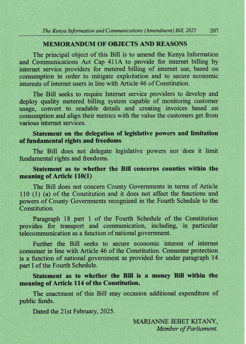 MzalendoWatch's tweet photo. The Kenya Information and Communications (Amendment) Bill (National Assembly Bill No. 9 of 2025) is read a first time. 

The Bill seeks to amend the Kenya Information Communications Act Cap 411A to provide for internet billing internet service providers for metered billing of internet use, based consumption in order to mitigate exploitation and to secure economic interests of internet users in line with Article 46 of Constitution.

#BungeLiveNA.