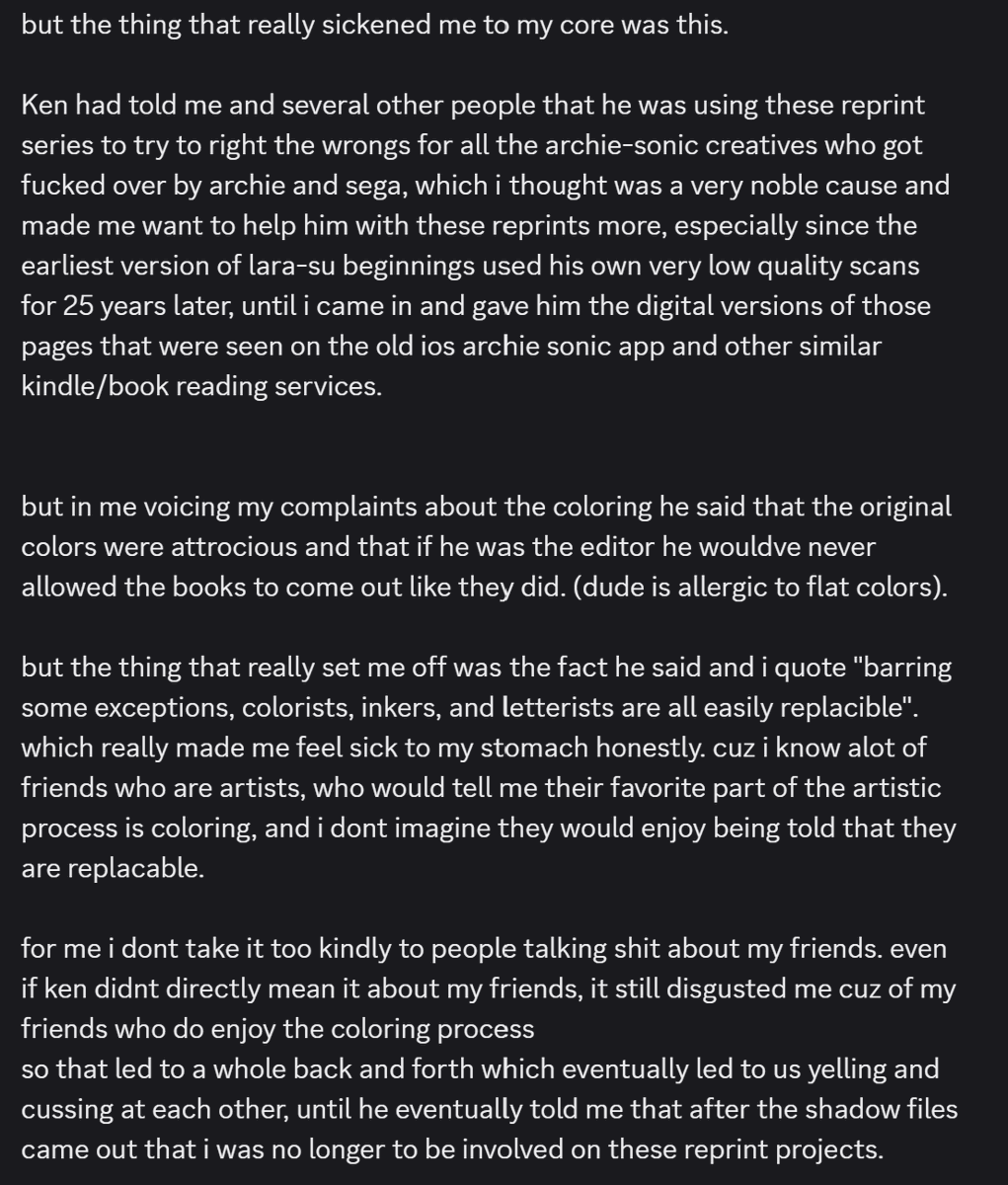 SatamHistorian's tweet photo. Recently was messaged by @Alex_Hedgefox2, former Ken Penders supporter who initially helped out on all of Ken's recent Sonic reprints... GOD, it just gets WORSE AND WORSE!

"barring some exceptions, colorists, inkers, and letterists are all easily replaceable" - Ken Penders https://t.co/vgqI5bnbtC