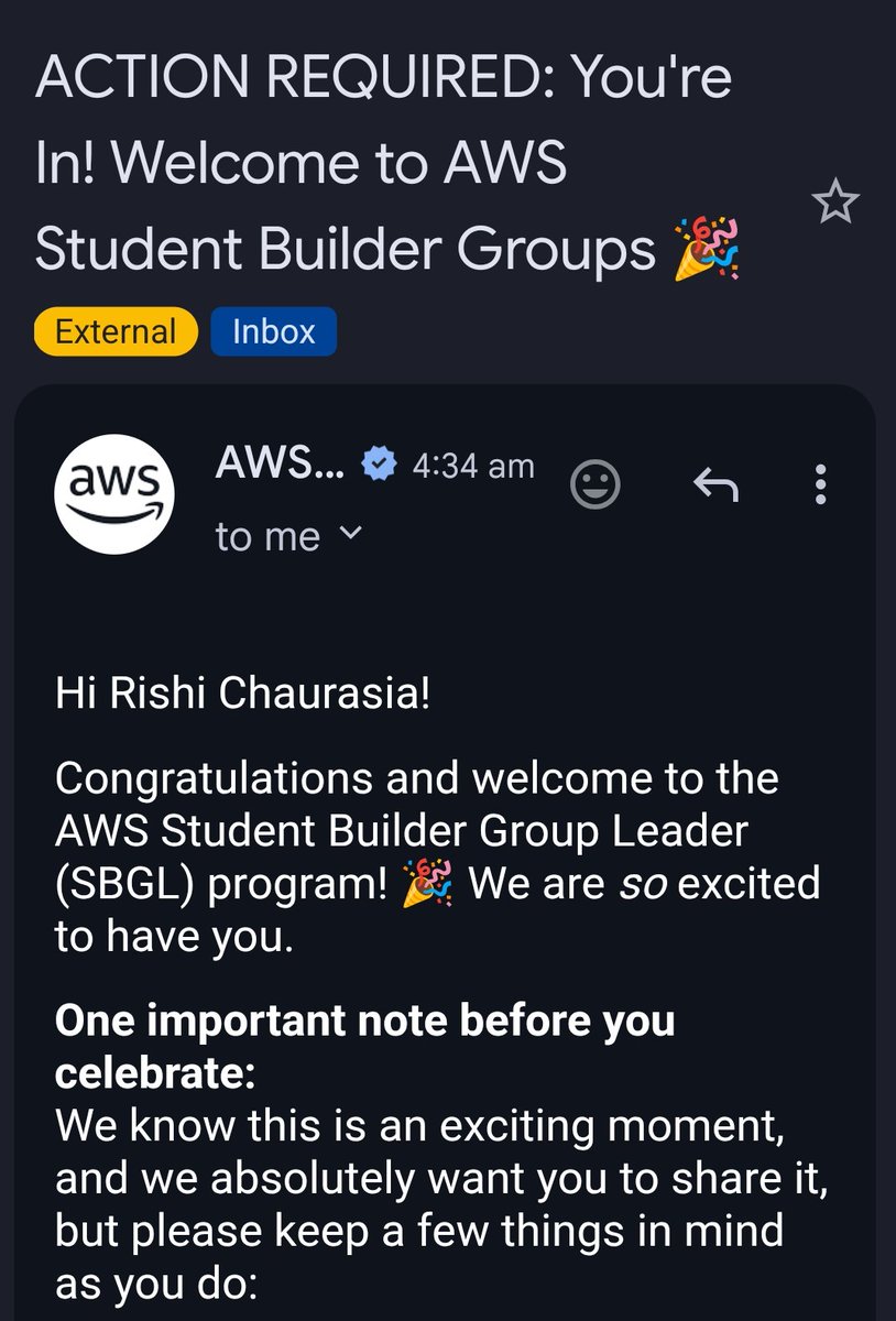 rishitwts_'s tweet photo. Excited to share that I've been selected as an AWS Student Builder Group Leader for 2026! ☁️
Grateful for this opportunity to learn, build, and lead a community of student cloud enthusiasts.
Let's build on the cloud together!
#AWS #StudentBuilders #CloudComputing #SBGL2026 https://t.co/kKeuZDiJTe