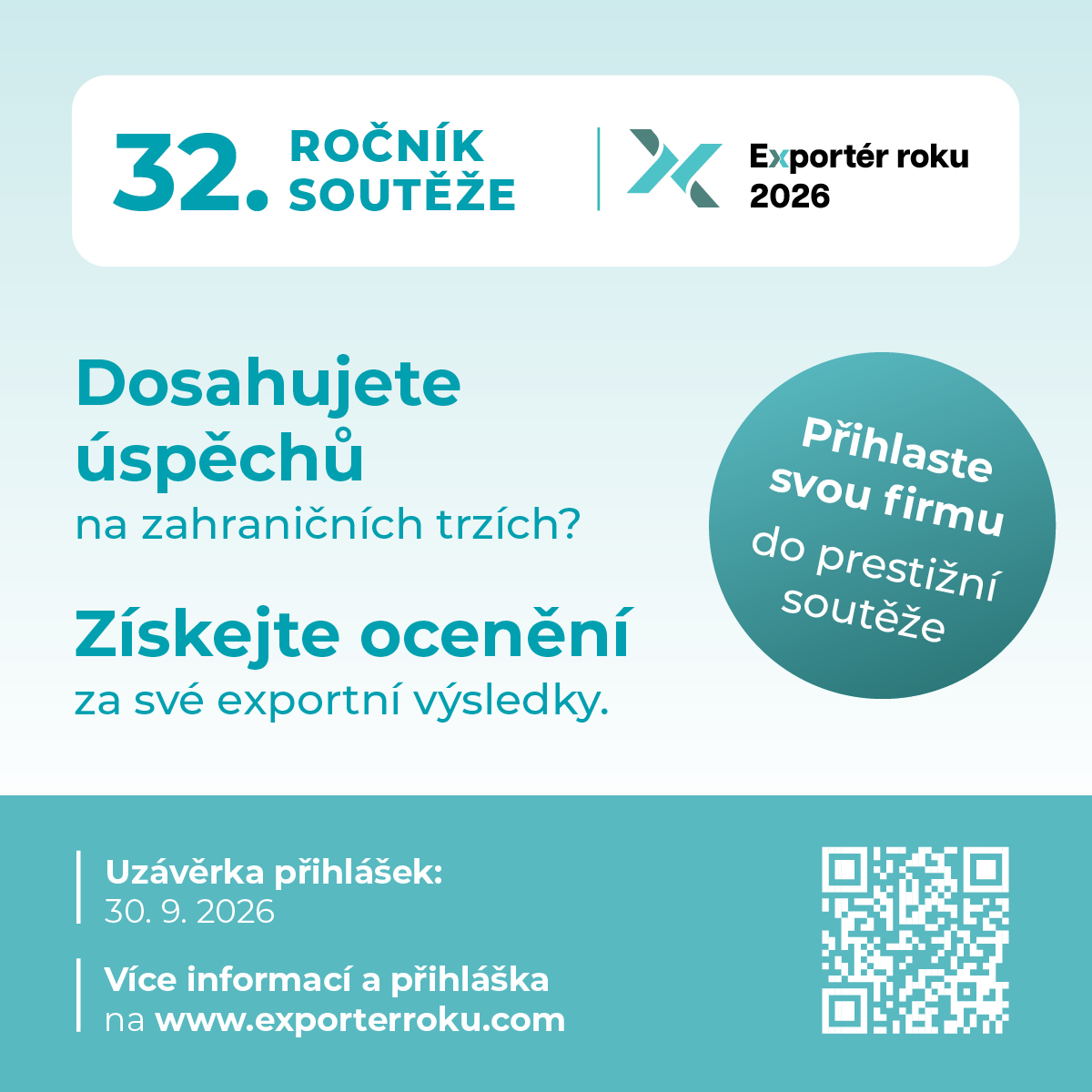Hokomora's tweet photo. 🌍 Dobývá vaše firmy svět? Je čas, aby o tom vědělo i Česko!

Přihlaste se do 32. ročníku soutěže Exportér roku 2026 a ukažte, že české firmy mají ve světě co nabídnout. 🚀

📄 Stačí vyplnit přihlášku: https://t.co/f5FE4nRheA https://t.co/ooM9Xvlgjb