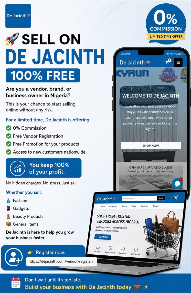 de_jacinth's tweet photo. 🚀 SELL ON DE JACINTH — 100% FREE
Are you a vendor or business owner in Nigeria?
Start selling online with zero risk.
✅ Free Registration
✅ Free Promotion
✅ Reach customers nationwide
No stress. Just sell.
👗📱💄📦 Sell anything. Grow faster.
👉 https://t.co/hsVRcNLz2A https://t.co/JYRkX3XwfR