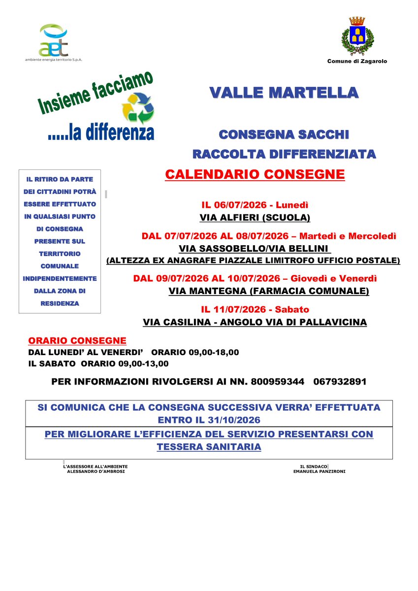 ComuneZagarolo's tweet photo. 📷 CALENDARIO CONSEGNA SACCHI PER LA RACCOLTA DIFFERENZIATA E INIZIATIVA “SGOMBRA GLI INGOMBRI” - LUGLIO 2026 https://t.co/XMJUUfHwNk