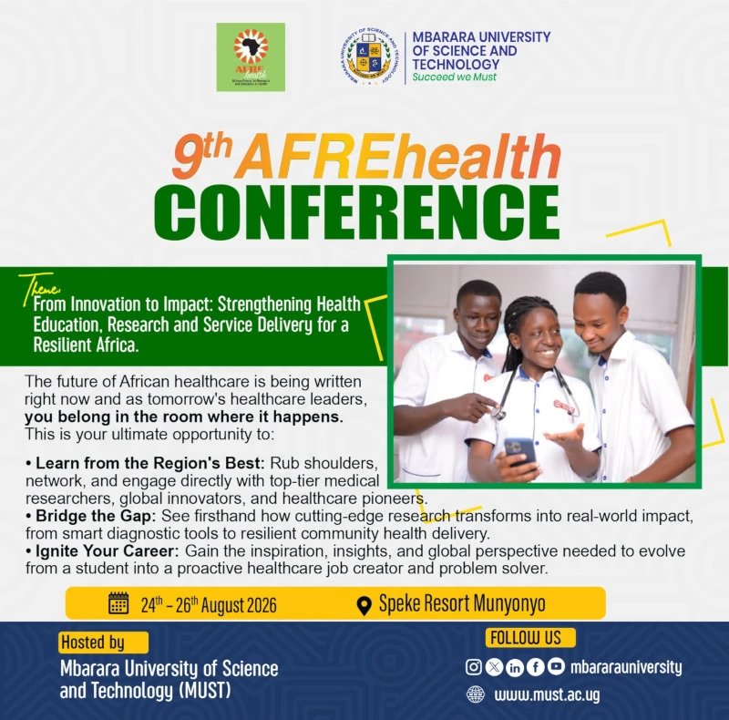 MbararaUST's tweet photo. Showcase your research and innovation at the 9th AFREhealth Conference.

Exhibition applications are now open for universities, research institutions, innovators, NGOs, government agencies, and private sector organizations.

Apply by: 21 July 2026
Be seen. Build partnerships. Drive impact.

#AFREHealth_26