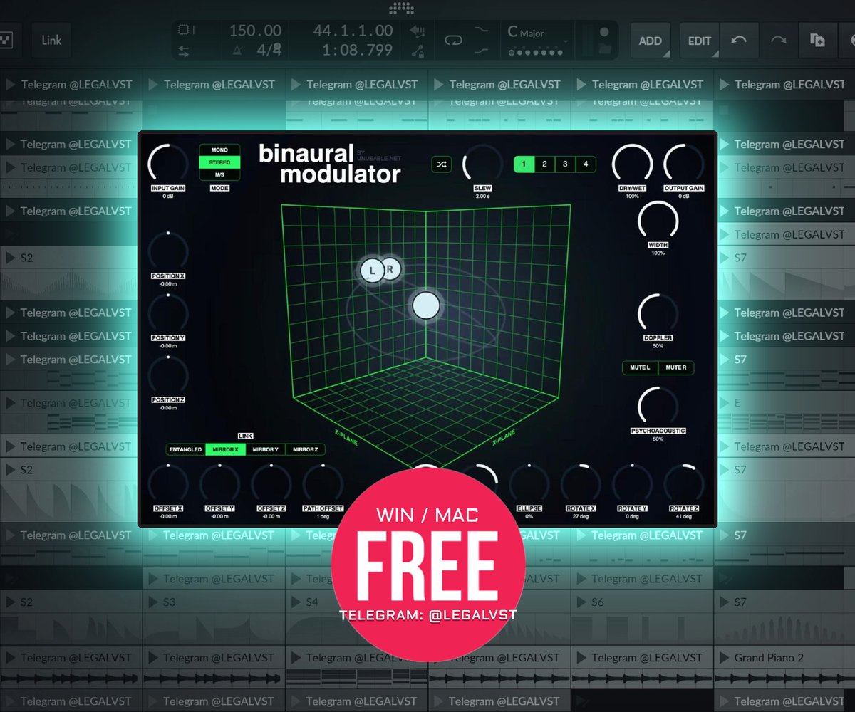 LEGAL_VST's tweet photo. Binaural Modulator by Unusable Engineering ποΈ
Room-model movement effect
π» Mac/Win (VST3/AU)
π FREE https://t.co/1NN3qUOXfH
More freeware π https://t.co/okUqkdbah2
#freeplugin #unusableengineering #modulation #spatial #autopan #tremolo #doppler #psychoacoustic https://t.co/iM05A1i6ia
