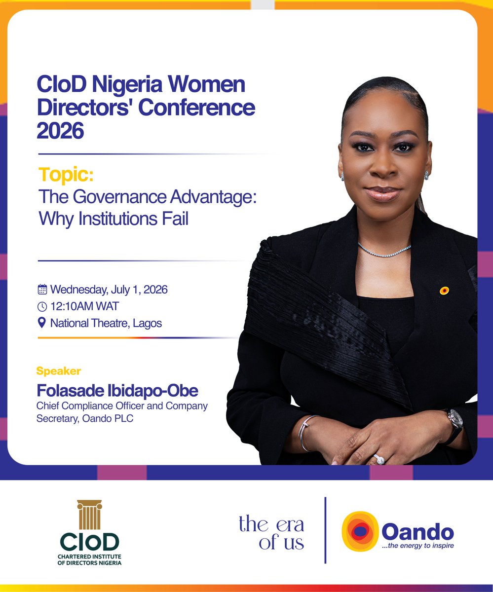 Oando_PLC's tweet photo. We're joining the Chartered Institute of Directors @CIoDNigeria 2026 Women Directors' Biennial Conference, contributing to conversations on leadership, governance, and stronger institutions.

Speaking (L–R): Dr. Alex Irune, MD, OER, on advancing boardroom leadership; and Folasade Ibidapo-Obe, Chief Compliance Officer and Company Secretary, Oando PLC, on strengthening governance for institutional success.

Follow @Oando_PLC for more insights from the conference.

#ciod2026 #theeraofus #oandospeaks