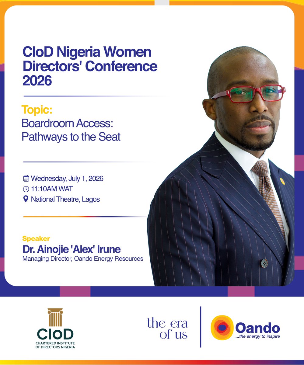 Oando_PLC's tweet photo. We're joining the Chartered Institute of Directors @CIoDNigeria 2026 Women Directors' Biennial Conference, contributing to conversations on leadership, governance, and stronger institutions.

Speaking (L–R): Dr. Alex Irune, MD, OER, on advancing boardroom leadership; and Folasade Ibidapo-Obe, Chief Compliance Officer and Company Secretary, Oando PLC, on strengthening governance for institutional success.

Follow @Oando_PLC for more insights from the conference.

#ciod2026 #theeraofus #oandospeaks
