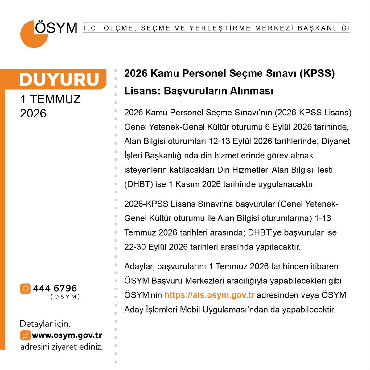 OSYMbaskanligi's tweet photo. 2026 Kamu Personel Seçme Sınavı (KPSS) Lisans: Başvuruların Alınması

https://t.co/sShwA9JbL8 https://t.co/SIyHjh5ql6