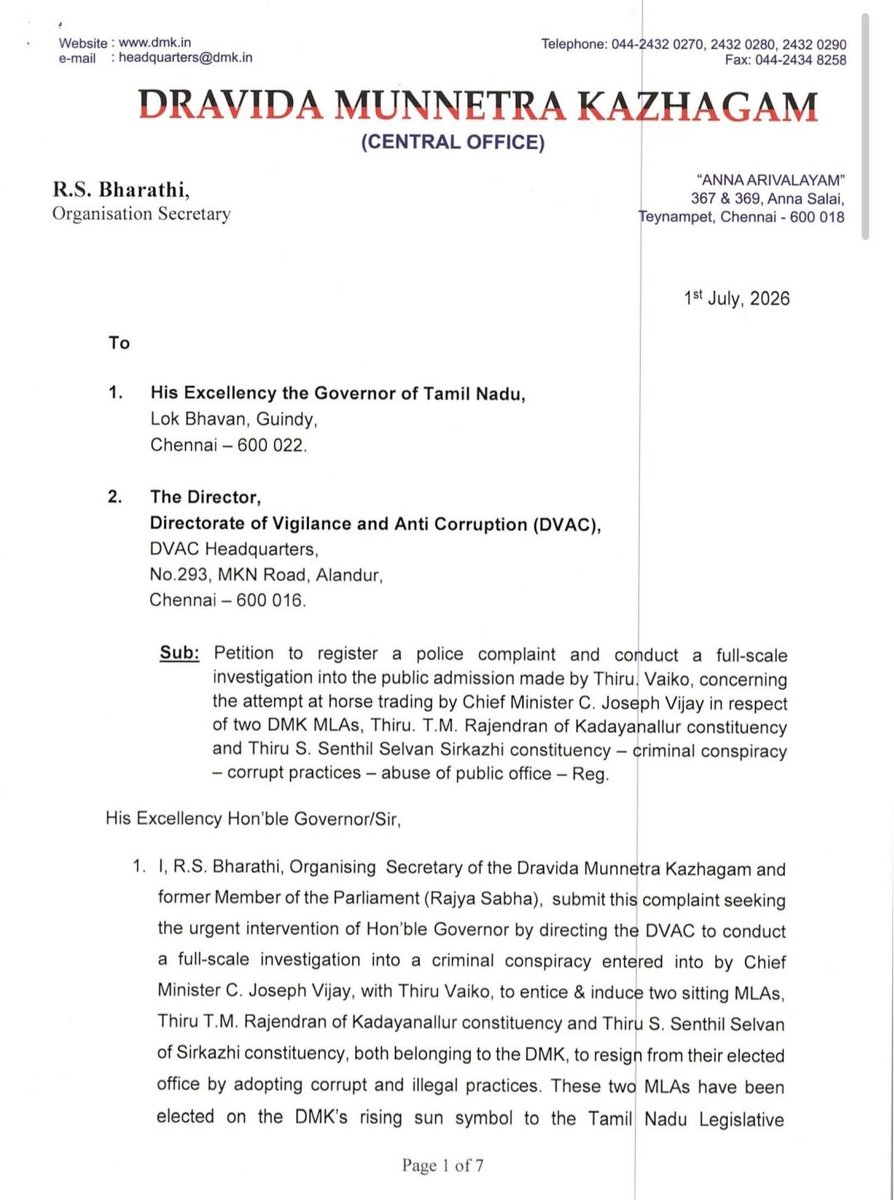 SparkPluz_'s tweet photo. #BREAKING | குதிரை பேரத்தில் முதலமைச்சர் விஜய் நேரடியாக ஈடுபட்டுள்ளதால் அவர் மீது வழக்கு பதிந்து நடவடிக்கை எடுக்க ஊழல் தடுப்பு மற்றும் கண்காணிப்புத் துறைக்கு உத்தரவிட வேண்டும்

-திமுக சார்பில் திமுக அமைப்புச் செயலாளர் ஆர்.எஸ்.பாரதி ஆளுநருக்கு கடிதம்