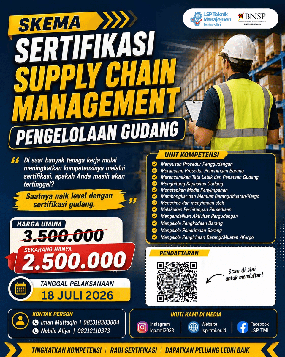 LspTmi's tweet photo. Sudah bekerja di bidang pergudangan, tetapi belum memiliki sertifikasi kompetensi?
Tingkatkan daya saing dan buka peluang karier yang lebih luas dengan sertifikasi kompetensi yang diakui. https://t.co/cMsqcjNXa2