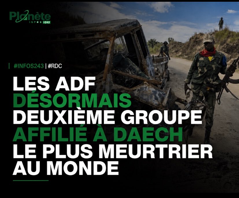 Planete243's tweet photo. 🚨 #INFOS243 |  : LES ADF DÉSORMAIS DEUXIÈME GROUPE AFFILIÉ À DAECH LE PLUS MEURTRIER AU MONDE

‼️🛑 PLUS DE 1 000 CIVILS TUÉS EN 2025

Le Groupe d’experts de l’ONU attribue aux Forces démocratiques alliées (ADF) plus d’un millier de victimes civiles en 2025. Le rapport classe désormais ce groupe comme le deuxième affilié à l’État islamique (Daech) le plus meurtrier au monde.

Deux massacres illustrent l’ampleur de cette violence : 71 civils tués lors de funérailles à Nturo en novembre 2025 et 41 fidèles assassinés dans une église de Komanda le 26 juillet 2025. Ces attaques sont attribuées à la cellule d’Abwakasi, considérée comme la plus meurtrière du groupe, avec plus de 600 civils tués en une année.

Le rapport souligne que, loin d’être neutralisées, les ADF ont étendu leur zone d’influence vers l’ouest, en direction du Haut-Uélé et de la Tshopo, profitant de zones peu ou pas couvertes par les forces de sécurité.

Selon les experts, l’opération militaire conjointe ougando-congolaise Shujaa, censée contenir le groupe, aurait paradoxalement favorisé sa dispersion vers des territoires où la gouvernance est plus faible, exposant davantage de populations civiles aux attaques. En mars 2026, plus de 90 personnes ont été tuées en un seul mois, soit le bilan mensuel le plus élevé des six mois précédents.

#RDC #ADF #Daech #ONU #PlanèteInfos243