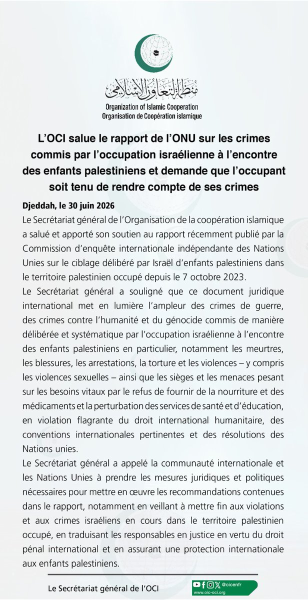 OCIenFr's tweet photo. L'#OCI salue le rapport de l'#ONU sur les crimes #commis par l'#occupation_israélienne à l'encontre des #enfants_palestiniens et demande que l'occupant soit tenu de rendre compte de ses #crimes https://t.co/0WokRuqsAV