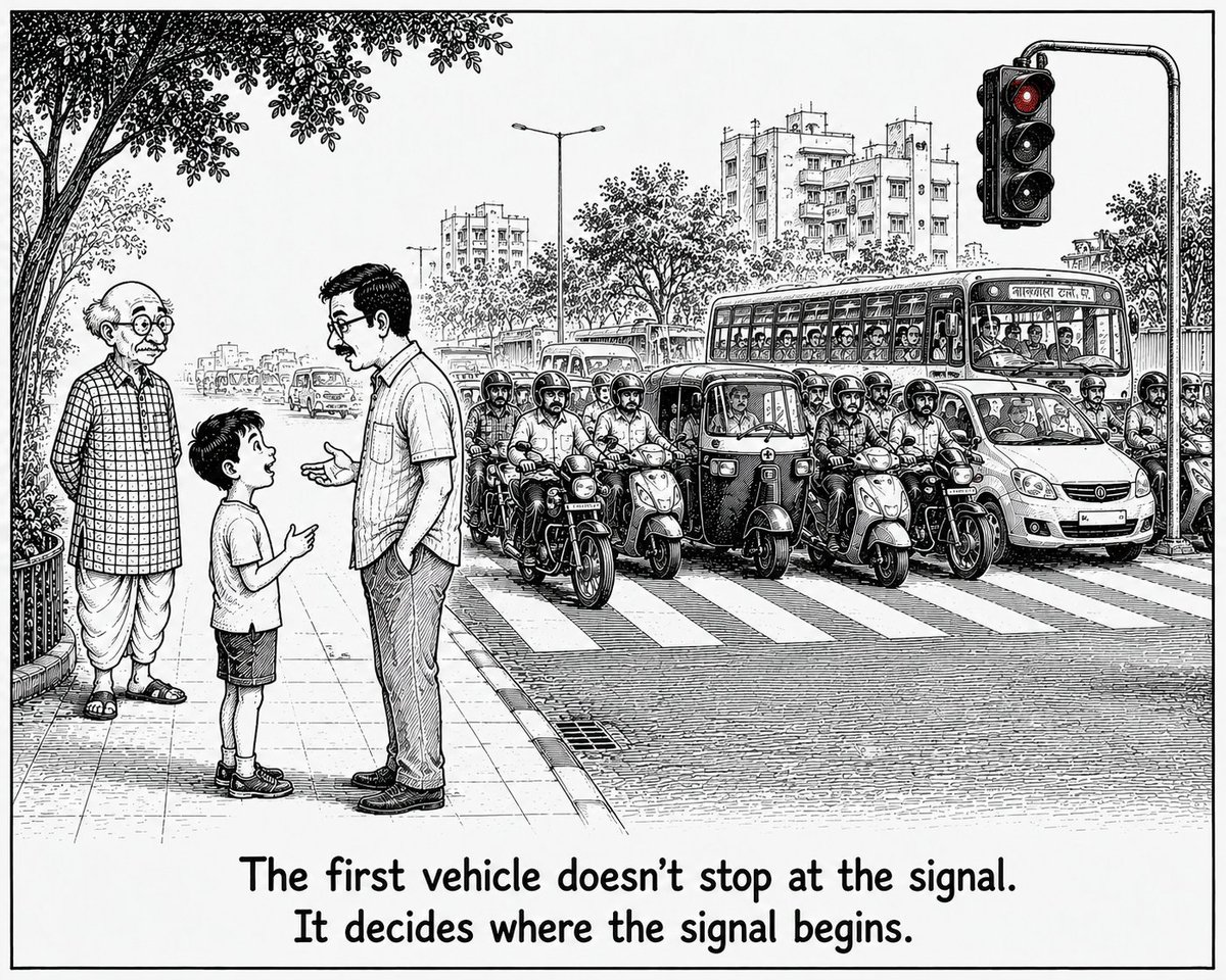 srichandis's tweet photo. The first vehicle doesn't stop at the signal. It decides where the signal begins. https://t.co/3FUImVOZrT