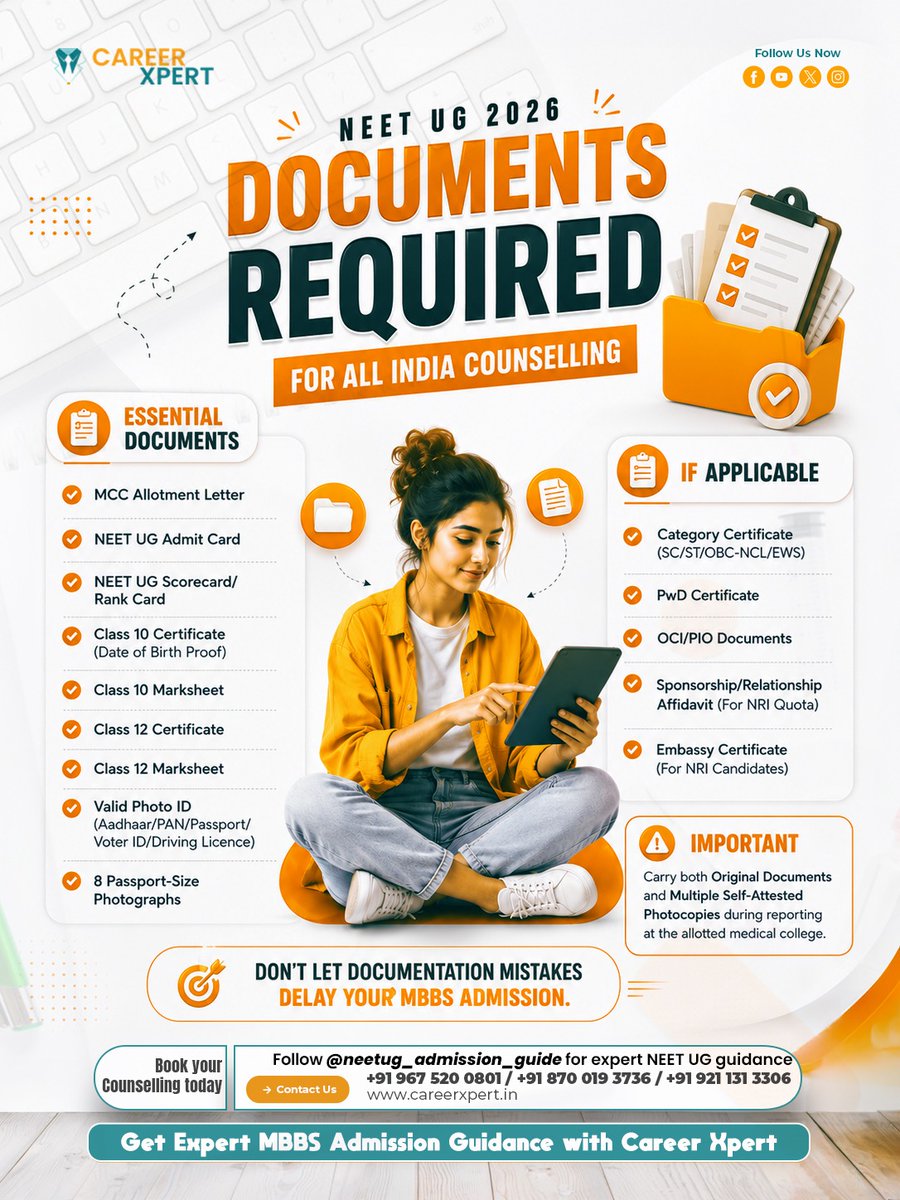 careerxpert's tweet photo. #NEETUG2026 Counselling Guide: Confused about #MBBSadmission, choice filling, cutoff, documents or college selection?
Get expert NEET UG counselling guidance and plan your MBBS admission journey with #Careerxpert

Visit: https://t.co/6IX1dr0IZP
Call: +91-9675200801

 #neet2027 https://t.co/YrwrVQsZx2