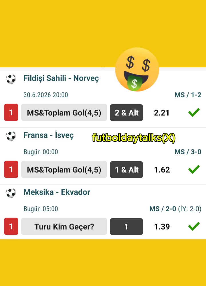 Futboldaytalks's tweet photo. Dün Verdiğimiz 30 Haziran İddaa Tahmini Sonuçları 💸💸💸
3×3✅ 
Ayın Son Günü Güzel Bitti💰
Değerlendiren Herkese Tebrikler🎉
4,98 Oran🔥
İddaa Tahmin Analiz Bizim İşimiz✨ https://t.co/vkg7KSe8lB