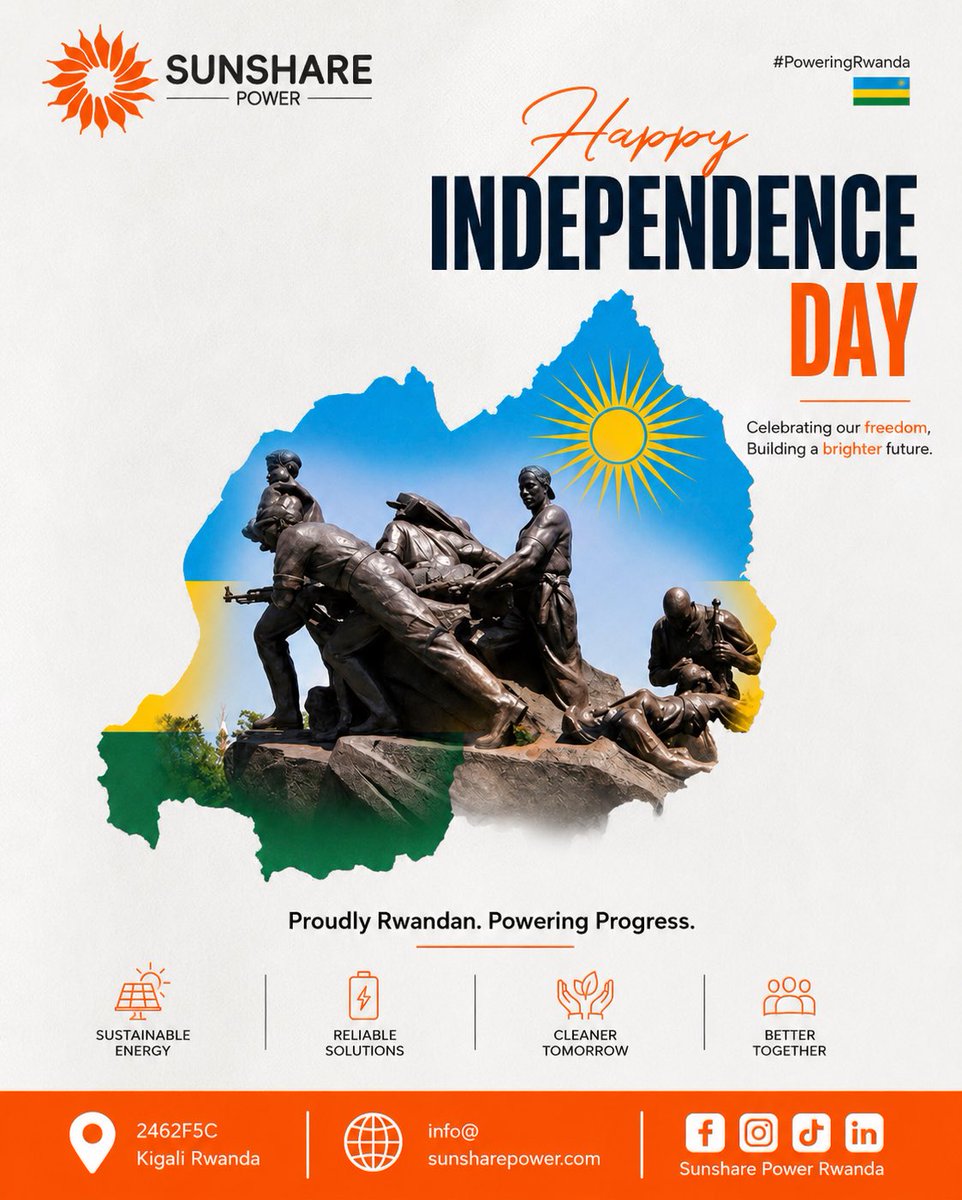 SunsharePowerRw's tweet photo. 🇷🇼🇷🇼Happy Independence Day, Rwanda!

Celebrating our freedom and powering a brighter future with clean energy. ☀️

#HappyIndependenceDay #Rwanda #SunsharePower https://t.co/oallmaNyGZ