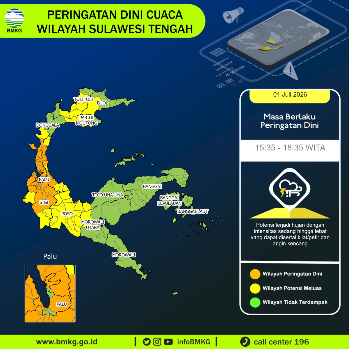 infoBMKG's tweet photo. Update Peringatan Dini Cuaca Wilayah - Sulawesi Tengah Tgl. 01 Juli 2026 pkl. 15:35 WITA
Prakirawan - BMKG - Sulawesi Tengah
https://t.co/cXSfUby1sO https://t.co/k0l9PFo8He