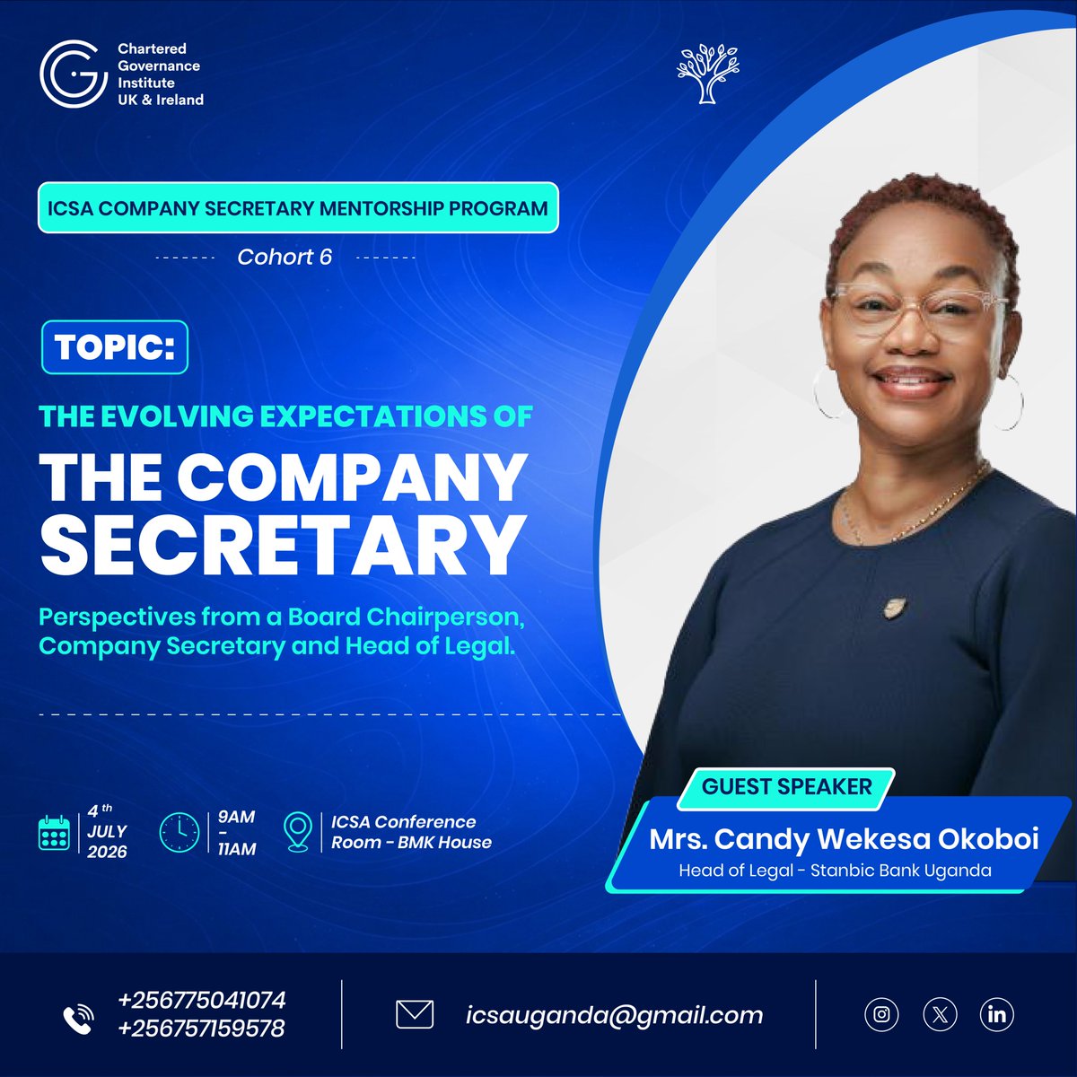 UgandaIcsa's tweet photo. We're excited to welcome Candy Wekesa Okoboi, Head of Legal at Stanbic Bank Uganda, as our next faculty speaker for the ICSA Company Secretary Mentorship Programme.
She'll share insights on "The Evolving Expectations of the Company Secretary", 
#ICSAUganda #CorporateGovernance https://t.co/jBYl990dAk
