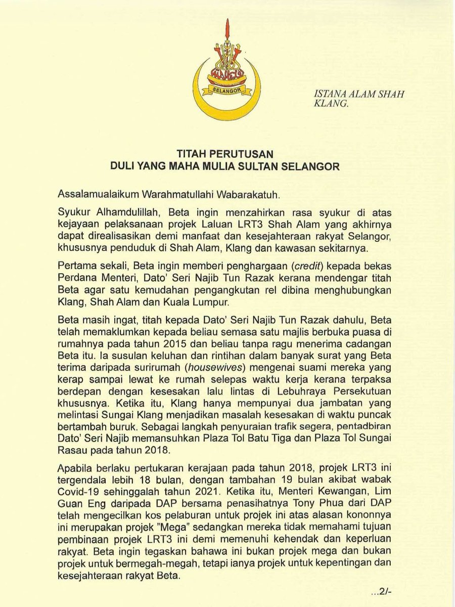 amerhadiazmi's tweet photo. Sultan Selangor criticised Lim Guan Eng and Tony Pua for downsizing the LRT3 project, saying they failed to see its necessity and wrongly labelled it a wasteful mega-project. He added that its completion reflects continuity in planning, not any one person’s success. https://t.co/rPT7gJGXKV