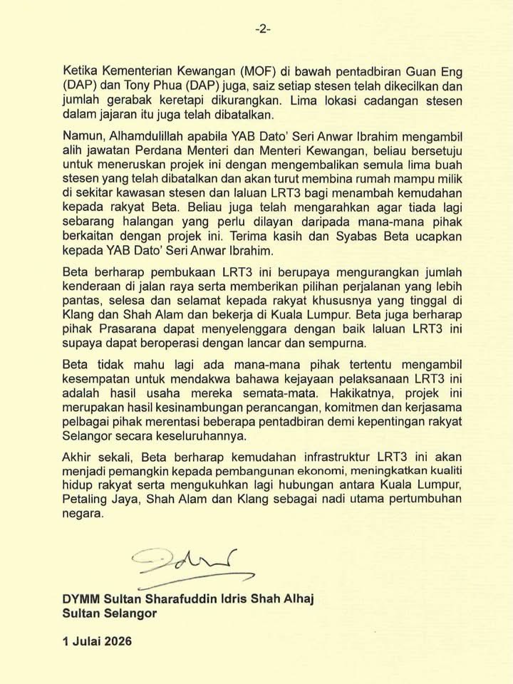 amerhadiazmi's tweet photo. Sultan Selangor criticised Lim Guan Eng and Tony Pua for downsizing the LRT3 project, saying they failed to see its necessity and wrongly labelled it a wasteful mega-project. He added that its completion reflects continuity in planning, not any one person’s success. https://t.co/rPT7gJGXKV