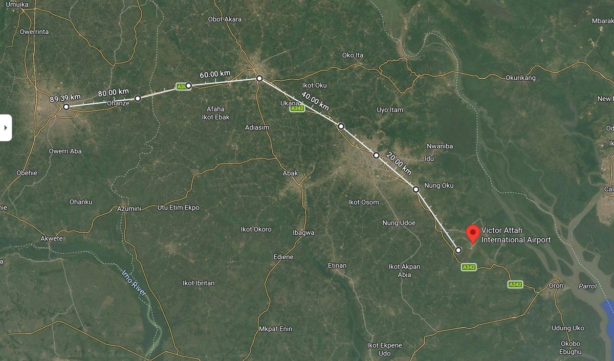 markessien's tweet photo. Uyo International Airport is 60km from Calabar, 100km from Umuahia, 80km from Aba, 150km from Port Harcourt. If well strategized, it can become a major aviation hub. They just need to pick destinations well - so people know it's cheap to fly to certain places from Uyo. https://t.co/eJSAafofzK