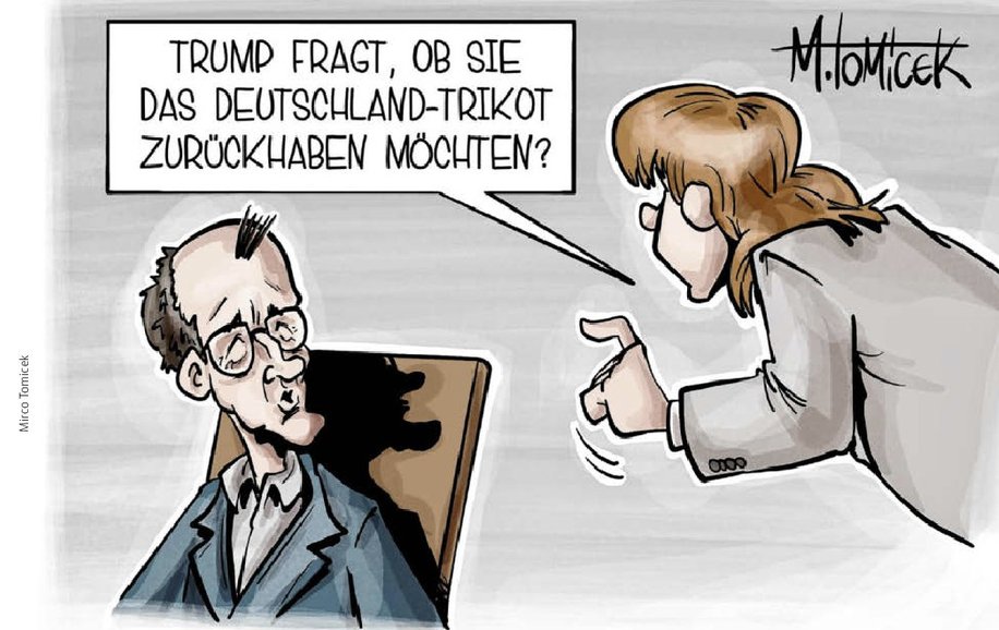pthibaut's tweet photo. "Trump demande si vous voulez récupérer le maillot de la Mannschaft que vous lui aviez offert ?" 
@morgenpost https://t.co/KWJsANtFGx