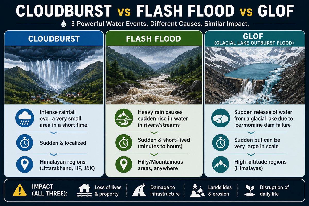saval_ai's tweet photo. Cloudburst vs Flash Flood vs Glacial Lake Outburst Flood (GLOF)

#Cloudburst #FlashFlood #GlacialLakeOutburstFlood #GLOF #SavalAI #UPSC #UPSCPrelims #UPSCPreparation #LearnWithSaval

Download Saval today: https://t.co/hF3e7aKmXZ https://t.co/apjh6JsOA1