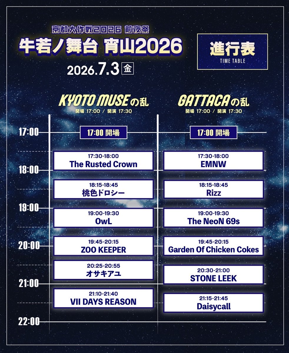 fukurouband's tweet photo. 【info】
2026/7/3(金) @KYOTO MUSE

京都大作戦2026前夜祭
“牛若ノ舞台 宵山2026”
-KYOTO MUSEの乱-

Support Gt.
Ryosei (JasonAndrew)
@ryosei_ja 
永井稜大 (Mound Crash)
@Ryoppy_3GIFT 

※京都大作戦2026の入場券をご提示で入場無料
※ドリンク代別途要

https://t.co/c1rZtR9sFL https://t.co/8SBrdp1yTj