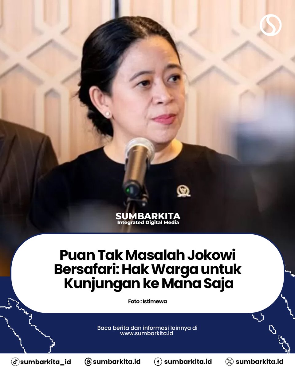 sumbarkitaid_'s tweet photo. Ketua DPR sekaligus Ketua DPP PDIP Puan Maharani tak masalah Presiden ke-7 RI Joko Widodo (Jokowi) melakukan safari. Puan mengatakan semua warga berhak berkunjung ke daerah mana saja di Indonesia.
"Safari politik, hak semua warga negara untuk bisa melakukan kunjungan ke mana saja https://t.co/Bgnsy8XynA