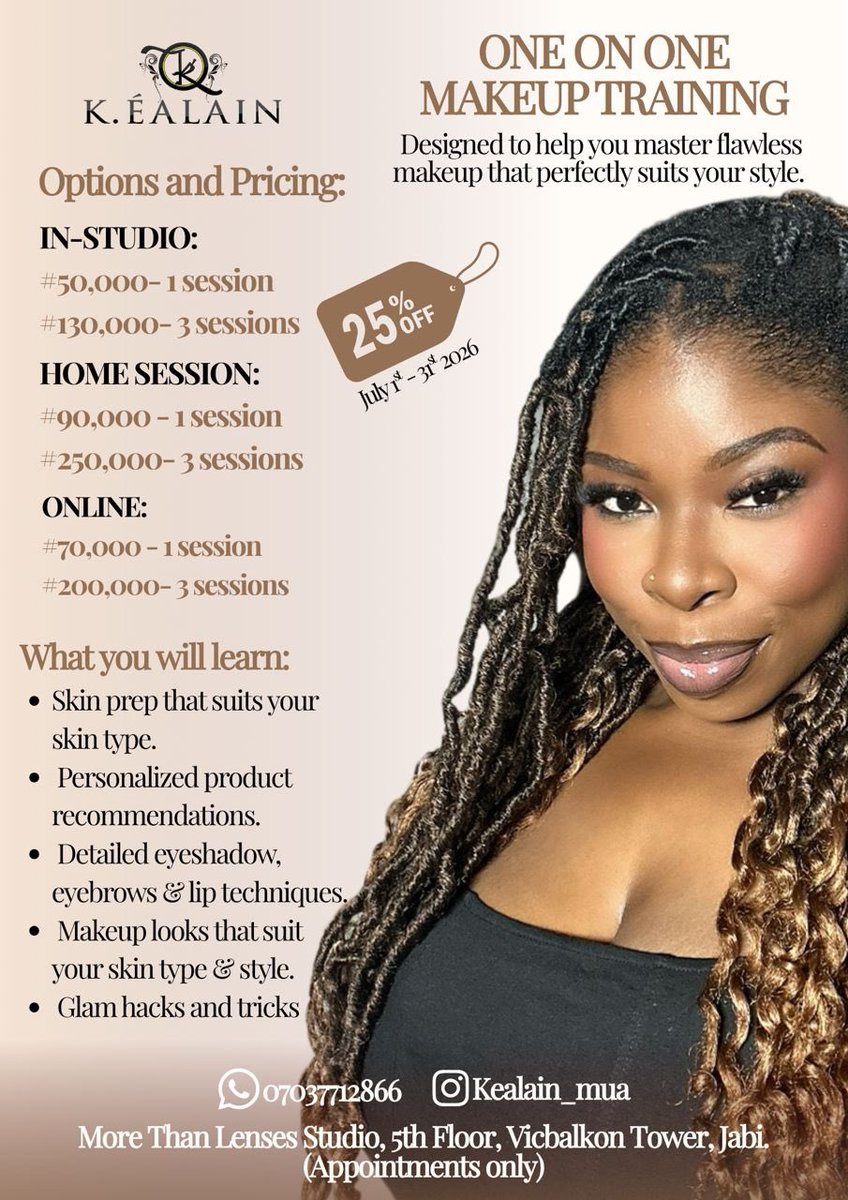 kaycee_licious's tweet photo. Welcome to July!🥳💃🏽
Makeup discounts choke😌🤭

Learn how to do your own makeup with just N37,500 per session and get your studio glam done with just N30,000!!!🤭

Send a DM to secure your preferred makeup service.

I dey for you!🙂‍↔️

📍Vicbalkon tower, Jabi, Abuja. https://t.co/aE6ZvOvsCc