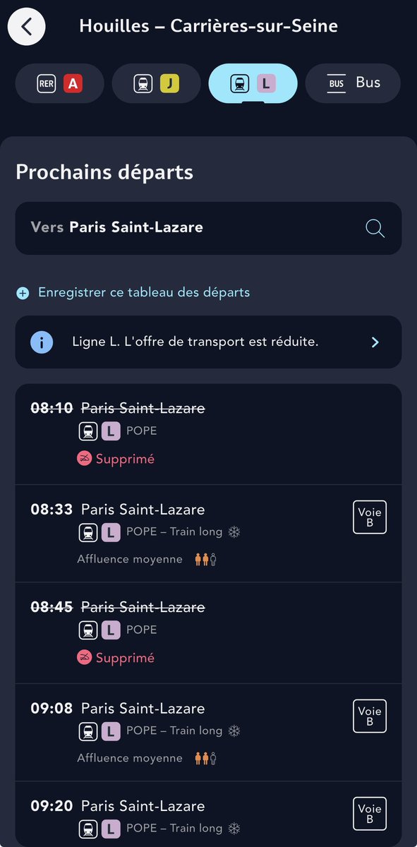 Plusdetrains's tweet photo. Ce matin comme hier matin, beaucoup de trains #ligneL supprimés à l’heure la plus chargée sur l’axe Cergy. 
Un seul train entre 8 et 9h au lieu de cinq 😡. Hier comme aujourd’hui.

Crise des essieux ? Arbres tombés à Villennes ? Trains à l’atelier à la suite de la canicule ? On sait pas mais une chose est sûre : le quotidien des usagers de la L est tout aussi pourri que celui des usagers de la J ces dernières semaines.