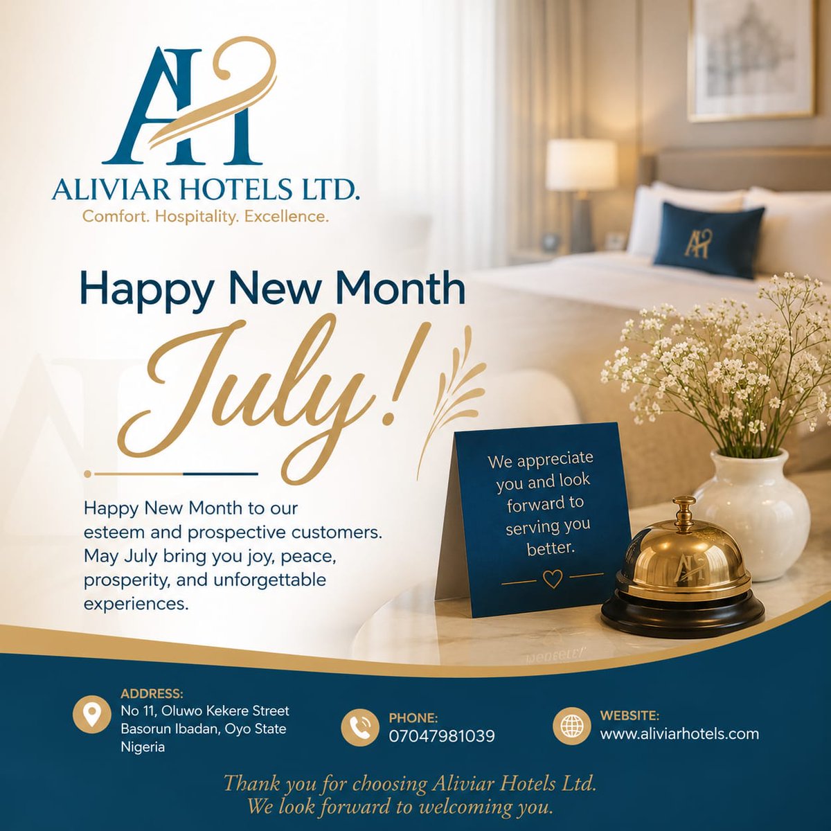AliviarHotels's tweet photo. Happy New Month!

Welcome to a brand-new month filled with fresh opportunities, peace, and unforgettable moments. This July, reward yourself with comfort, luxury, and exceptional hospitality at Aliviar Hotels Ibadan. https://t.co/3GGJCqZwGw