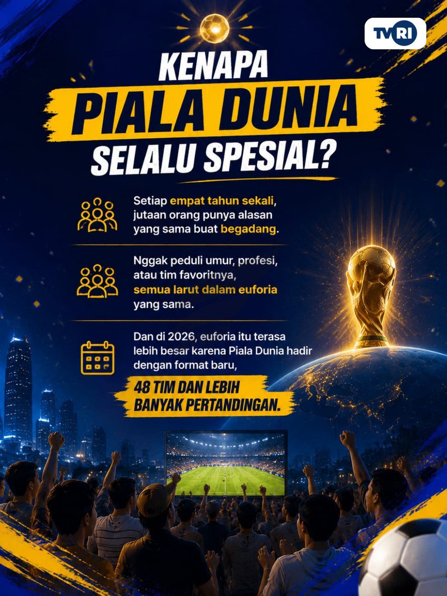 zonaindoupdate's tweet photo. Piala Dunia memang digelar ribuan kilometer dari Indonesia. Tapi euforianya bisa terasa sampai ke warung kopi, balai desa, dan ruang-ruang nobar yang bikin orang kembali berkumpul. ⚽🇮🇩 ⤵️ https://t.co/JJj7pdrzzl