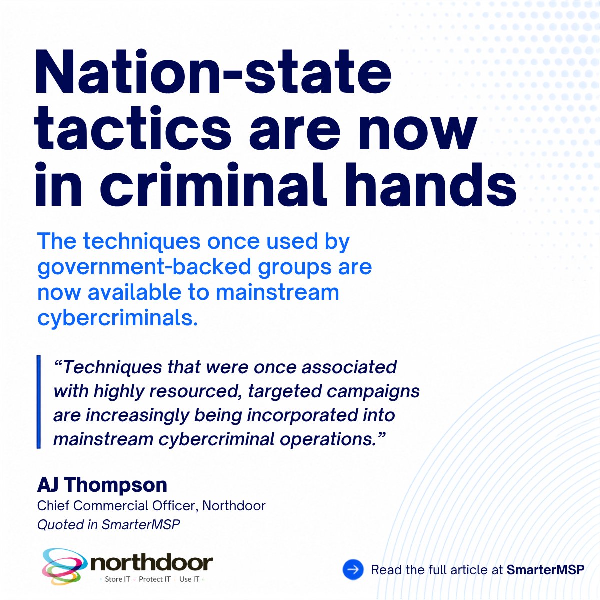 Northdoorplc's tweet photo. Nation-state tactics are no longer limited to nation-state actors.

AJ Thompson, CCO, @Northdoorplc, explains how advanced attack methods are now part of everyday criminal operations, making resilience just as important as prevention.

➡️https://t.co/taOXxBsZTX

#cyberrisk #MSP https://t.co/hA2rYIy7UI