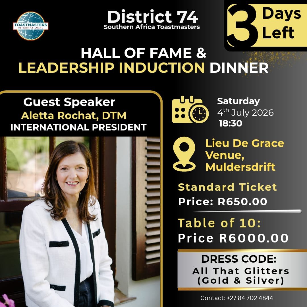 TMI74's tweet photo. In just 3 days,we'll gather for an unforgettable evening at the District 74 Hall of Fame &amp; Leadership Induction Dinner 

📅 Sat, 4 July 2026
🕡 18:30
📍 Lieu De Grace Venue, Muldersdrift
🎟 Standard Ticket: R650
👥 Table of 10: R6000
✅ Register
https://t.co/yTpkmH46nY https://t.co/GRFPnCoo2G