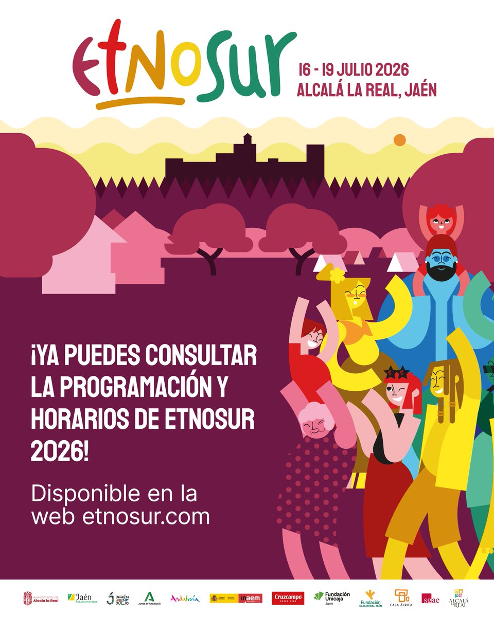 EtnoSur_Oficial's tweet photo. ¡Por fin ha llegado! Ya puedes consultar la programación y horarios de #EtnoSur2026 🎶🕺
📲O descargala en este enlace: https://t.co/0vQnlkXYN3
 
📅 Del 16 al 19 de julio de 2026
🎫 Gratuito
📍 Alcalá la Real, #Jaén
#festival #programación #horarios https://t.co/ma1izu2nP0