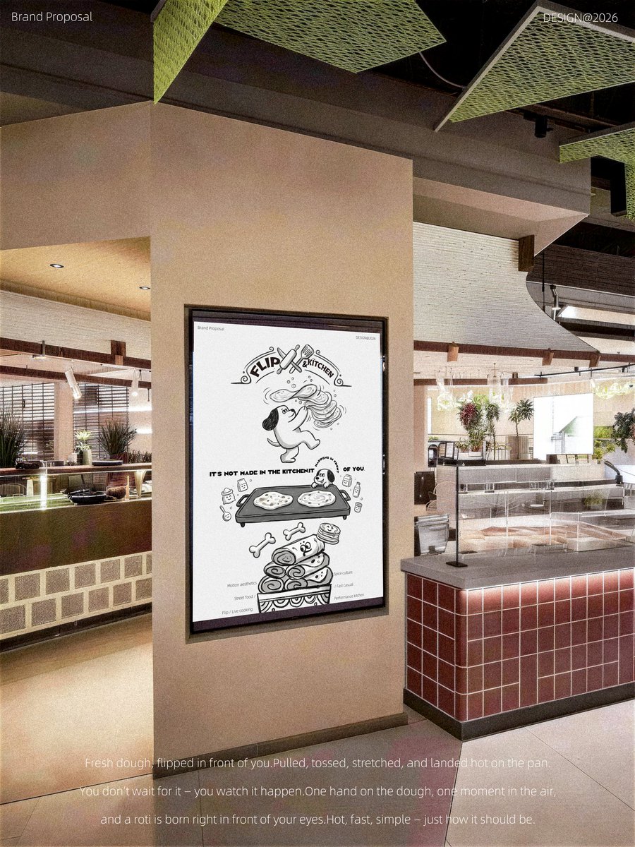 Sambozyb's tweet photo. FLIP KITCHEN 🥞
Live performance flatbread shop with hand-drawn cartoon branding.
Every flip of dough becomes a fun show.
#DesignInspo #CafeBranding #FoodRetail https://t.co/Qfp2PzbrHV