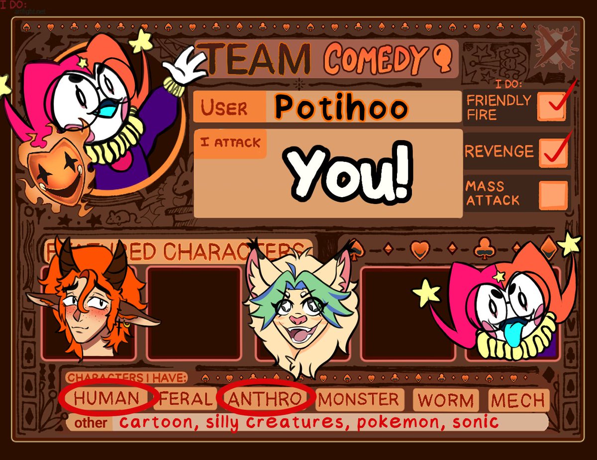 poti_hoo's tweet photo. ARE WE READY TO ARTFIGHT?? 🧡

First time joining #artfight2026 and I'm SUPER excited to see how it goes! I'll be waiting for your attacks!!
⚠️My profile it's in construction ATM but don't you worry I'll be updating it ASAP!! Please wait for me I'm trying!!

#teamcomedy https://t.co/mispzGfMpV