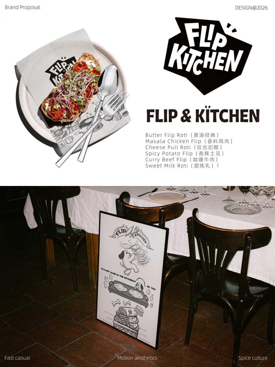 Sambozyb's tweet photo. FLIP KITCHEN 🥞
Live performance flatbread shop with hand-drawn cartoon branding.
Every flip of dough becomes a fun show.
#DesignInspo #CafeBranding #FoodRetail https://t.co/m71dd8eFpG