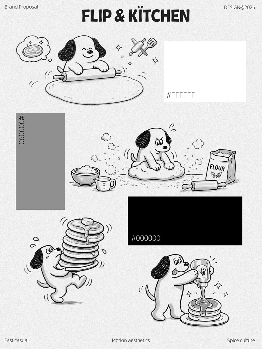 Sambozyb's tweet photo. FLIP KITCHEN 🥞
Live performance flatbread shop with hand-drawn cartoon branding.
Every flip of dough becomes a fun show.
#DesignInspo #CafeBranding #FoodRetail https://t.co/m71dd8eFpG
