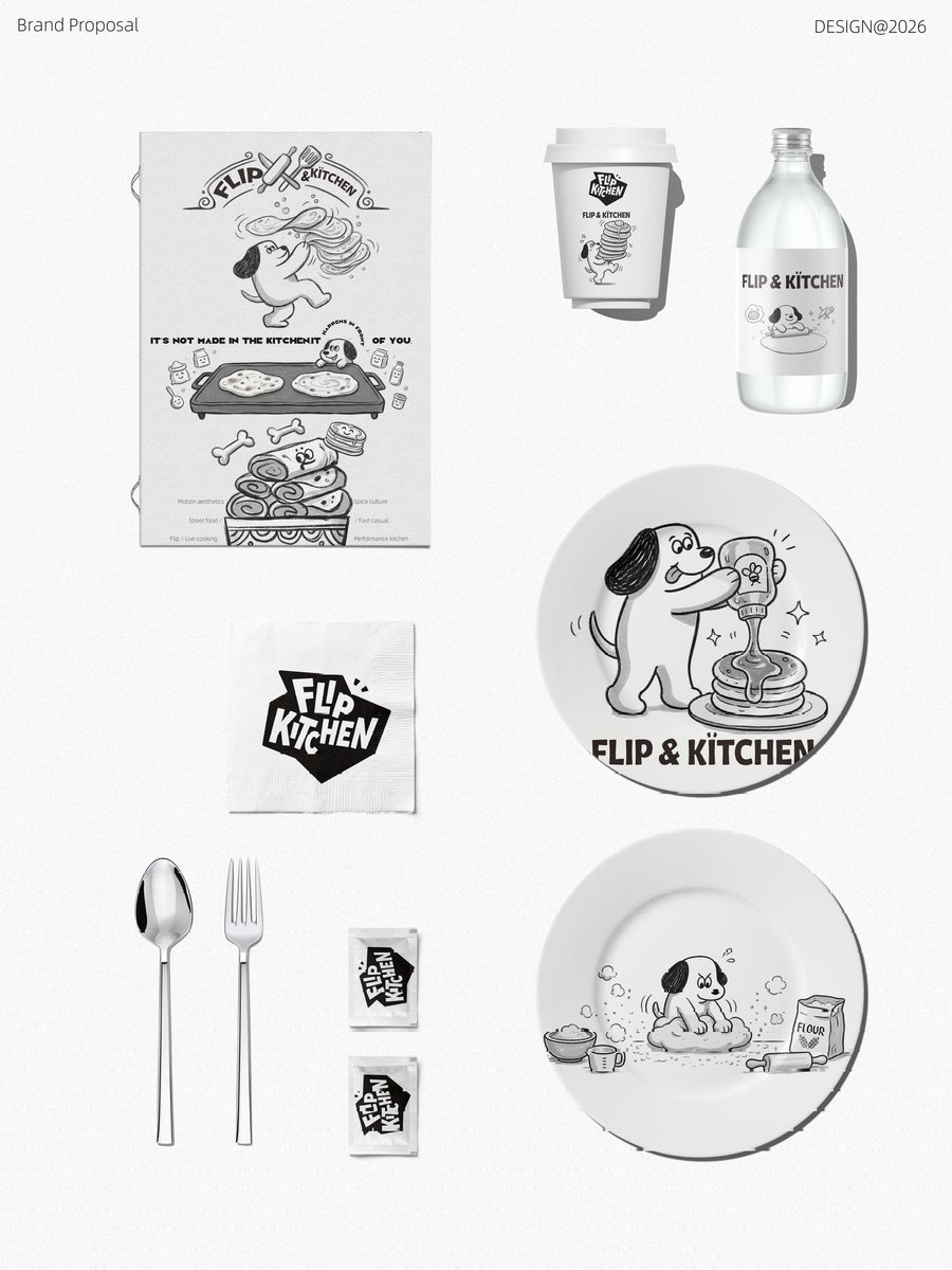 Sambozyb's tweet photo. FLIP KITCHEN 🥞
Live performance flatbread shop with hand-drawn cartoon branding.
Every flip of dough becomes a fun show.
#DesignInspo #CafeBranding #FoodRetail https://t.co/m71dd8eFpG