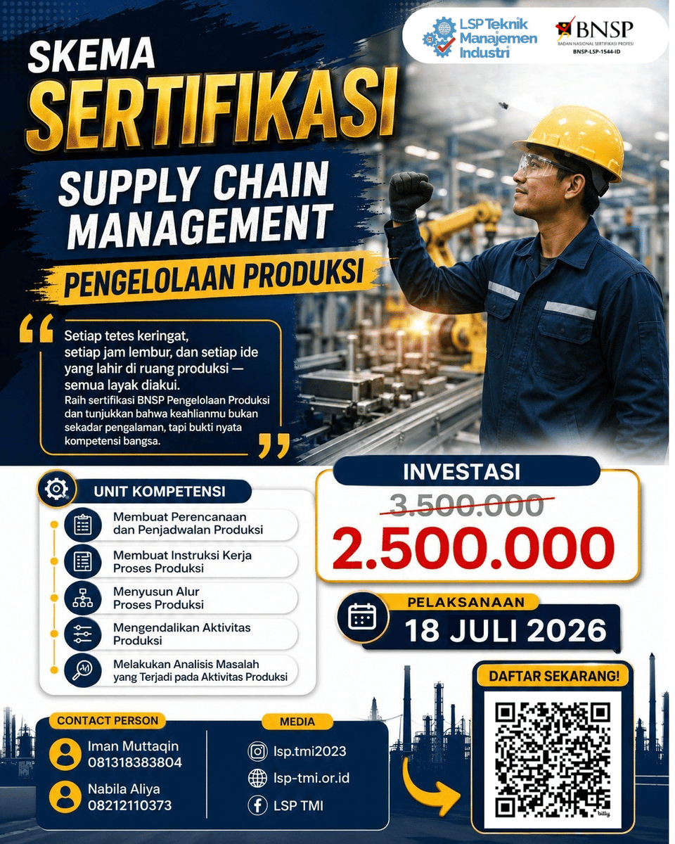 LspTmi's tweet photo. Masih merasa pengalaman kerja di produksi belum cukup diakui?

Setiap hari Anda mengatur proses produksi, menyelesaikan masalah di lapangan, membuat jadwal kerja, hingga memastikan target tercapai. Namun saat promosi jabatan atau mencari peluang karier yang lebih baik. https://t.co/ylGhhfEo74