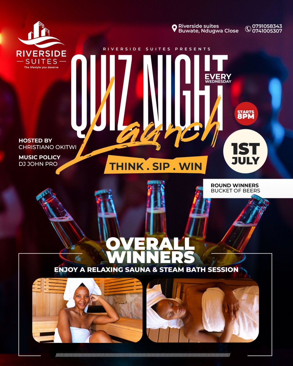 riversideug's tweet photo. Google can't save you. Your team just might. 
It's Quiz Night at Riverside Suites!

Gather your brightest teammates, enjoy great food and refreshing drinks, and put your knowledge to the test in a battle of brains.

#QuizNight #ThinkSipWin #RiversideSuites https://t.co/p6D49ibFsD