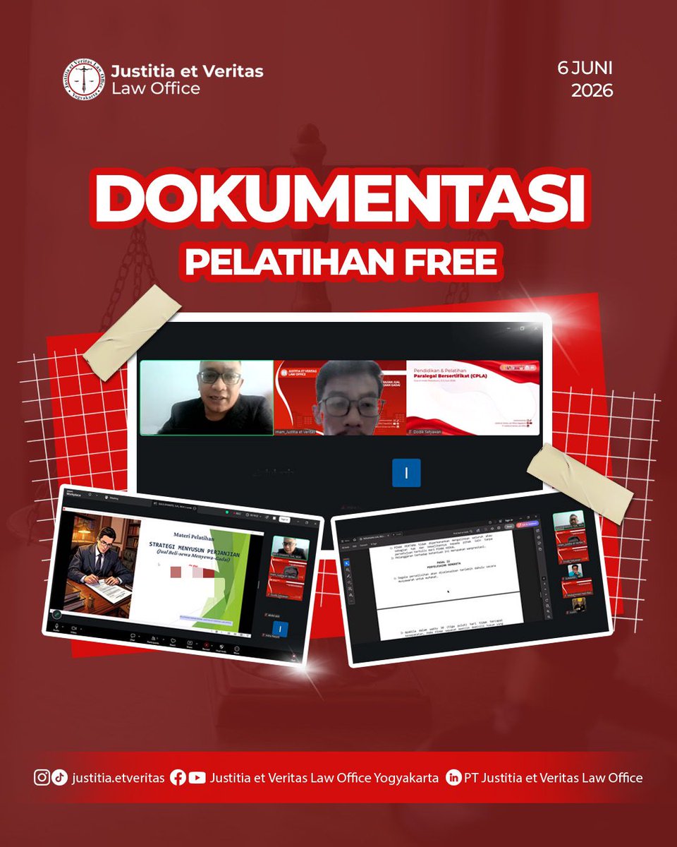 jevloyk's tweet photo. Terima kasih kepada seluruh peserta yang telah mengikuti Pelatihan Free pada tanggal 6 Juni 2026 bersama Justitia et Veritas Law Office. ⚖️

#PelatihanHukum #Justitiaetveritas #PelatihanFree #HukumAcara #MahasiswaHukum https://t.co/EnIRKOyiPi