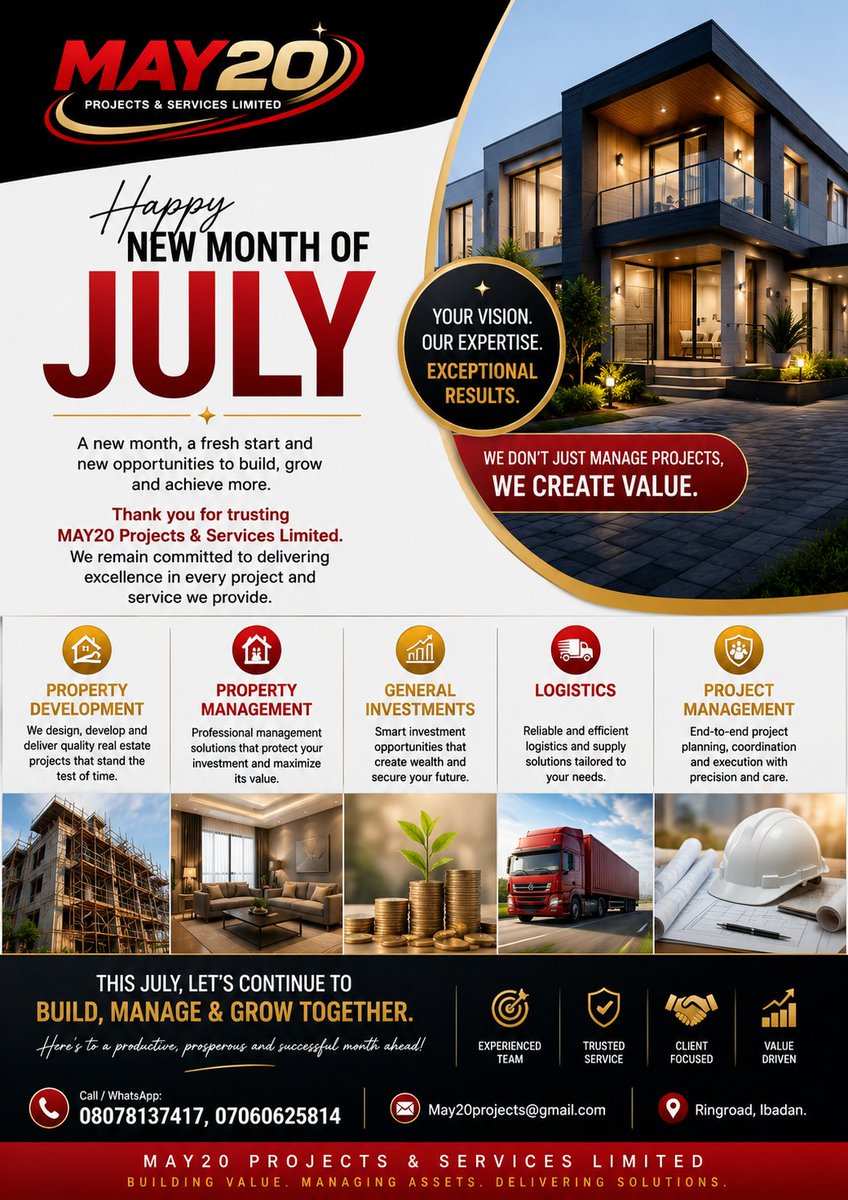 Samuelromins's tweet photo. Whether you're in Nigeria or abroad, we're here to help you turn ideas into valuable assets.
Building Value. Managing Assets. Delivering Solutions.
#HappyNewMonth #July #RealEstateNigeria #PropertyManagement #Construction #Logistics #Investment #Ibadan #DiasporaInvestments https://t.co/nuMn1yAlbQ