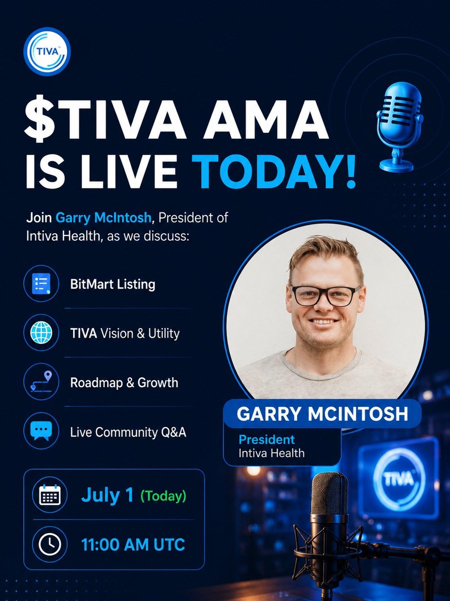 IntivaHealth's tweet photo. 🚨 $TIVA AMA IS LIVE TODAY! 🎙️

Join Garry McIntosh, President of Intiva Health, as we discuss:

🚀 BitMart Listing
🌍 TIVA Vision &amp; Utility
📈 Roadmap &amp; Growth
💬 Live Community Q&amp;A

📅 July 1 | 🕚 11:00 AM UTC
🎧 Stay tuned here:

https://t.co/9lDUjXmpvV https://t.co/LrU7kSFtCw