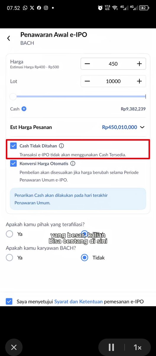 vebiancata's tweet photo. Kalau cuma lihat cuplikan awal videonya sih pasti banyak yang nggak percaya. Aku juga gitu. Tapi pas ditonton sampai selesai, Tommy Yu Irawan jelasin kenapa dia bisa pesan IPO sampai 450 juta walaupun cash cuma 9 juta. Ternyata ada fitur cash tidak ditahan yang dipakai. https://t.co/v1ob54sqHR