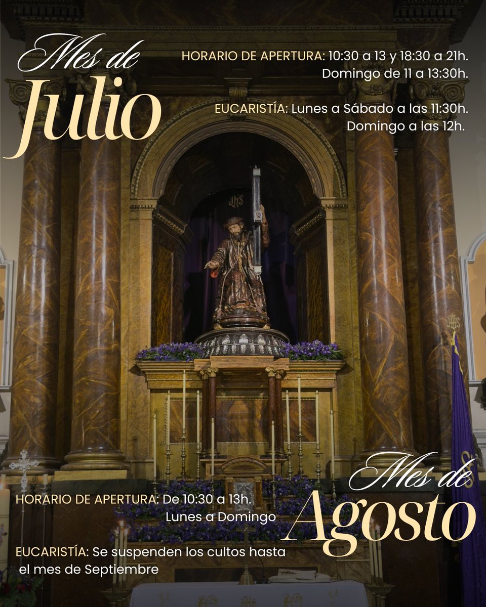 nazarenovall's tweet photo. 𝐇𝐎𝐑𝐀𝐑𝐈𝐎 𝐃𝐄 𝐕𝐄𝐑𝐀𝐍𝐎 |
Con la llegada de la época estival, nuestro templo ve modificada su actividad temporalmente:

🔹JULIO:
•Horario de diario: De 10:30 a 13 y de 18:30 a 21h. 
•Eucaristía a las 11:30h.(Domingo a las 12h.)

🔹AGOSTO:
De 10:30 a 13h. toda la semana https://t.co/6GWpJRTcmW
