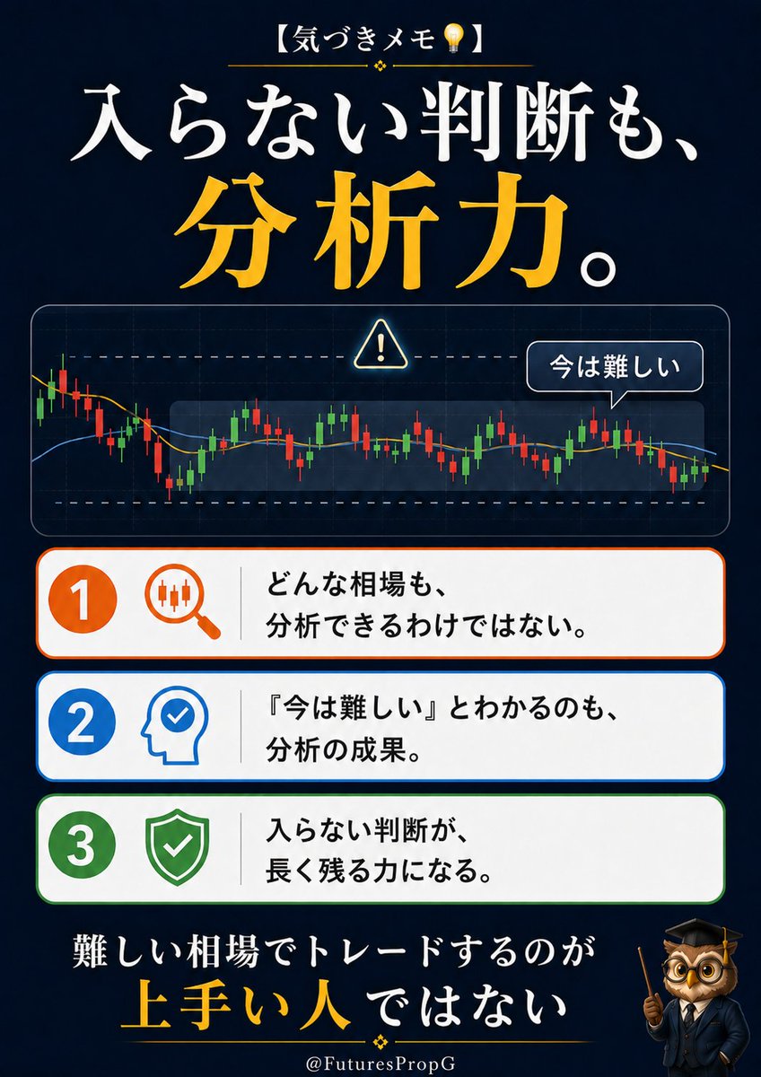 FuturesPropG's tweet photo. 【気づきメモ💡】
「分析すれば答えが出る」と思いがちだけど、どんな相場でも分析できるわけではない📊
分析して「今は難しい」とわかること、それ自体がちゃんとした分析の成果🧐

入らない判断ができる人が、長く残れるトレーダー🙌 https://t.co/3iW1wjYd46